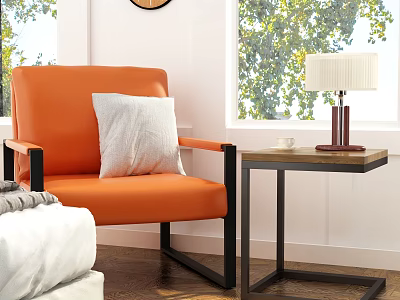 Orange Single Seater Sofa With White Cushion Black Metal Armrests And Side Table 3d model