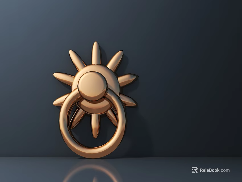 Golden Sun Shaped Decorative Door Knocker On Dark Background Surface 3d model 