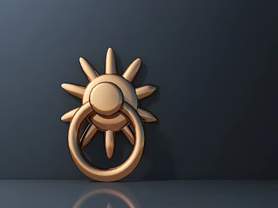 Golden Sun Shaped Decorative Door Knocker On Dark Background Surface 3d model