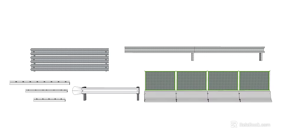 Metal Fence Components With Horizontal Vertical Bars And Green Panels Design 3d model 