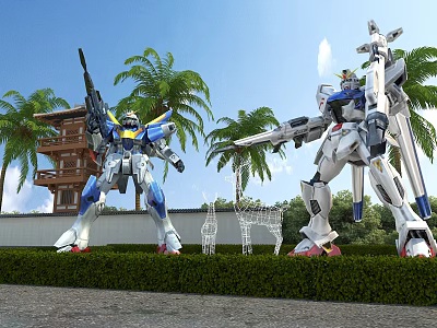 Two Giant Robots Standing By Palm Trees Near Traditional Wooden Building And Hedge 3d model