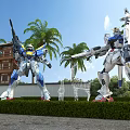 Two Giant Robots Standing By Palm Trees Near Traditional Wooden Building And Hedge