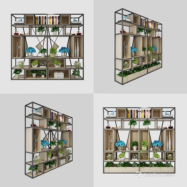 Modern Multi Tiered Display Shelf with Plants Books and Decorations 3d model 