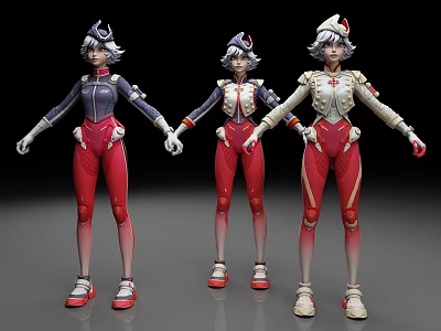 Three Anime Character Models With Different Color Outfits Red Pants And White Shoes 3d model
