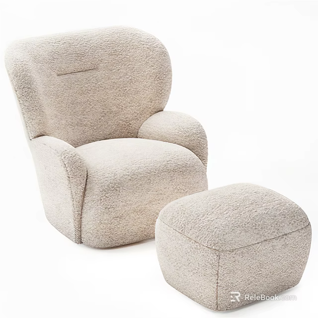 Light Beige Plush Single Seater Sofa With Rounded Design And Ottoman 3d model