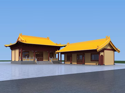 Ancient Architecture With Yellow Tiled Roof Traditional Style Curved Eaves And Red Windows 3d model