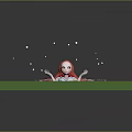 Game Movie Character Red Haired Female in Green Square Pool with Flower Petals and Floating Items