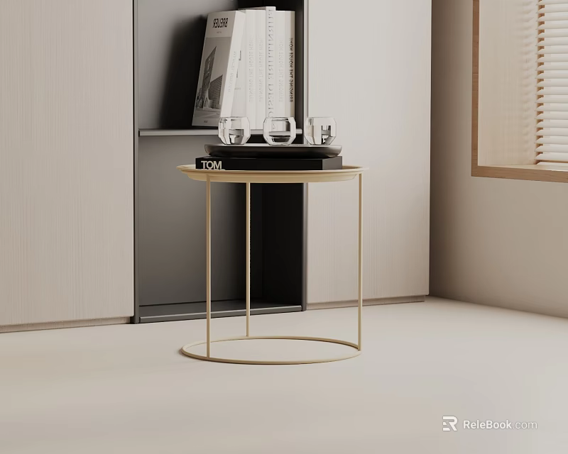 Modern Side Table With Gold Metal Frame Round Top And Decorative Items In Interior 3d model