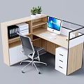 Modern Wooden Office Desk With Computer Monitor Keyboard File Folders Potted Plant And Office Chair