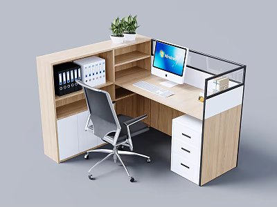 Modern Wooden Office Desk With Computer Monitor Keyboard File Folders Potted Plant And Office Chair 3d model