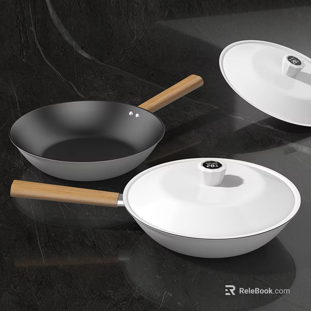 Cookware Set With Wooden Handle Frying Pan And White Covered Pot On Dark Marble Countertop 3d model 