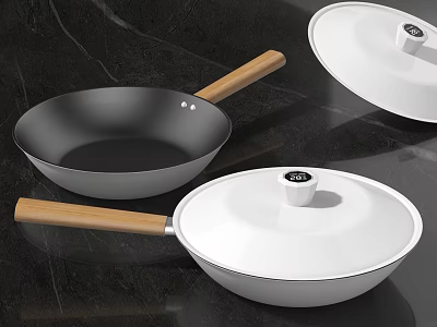 Cookware Set With Wooden Handle Frying Pan And White Covered Pot On Dark Marble Countertop 3d model