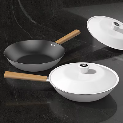 Cookware Set With Wooden Handle Frying Pan And White Covered Pot On Dark Marble Countertop 3d model