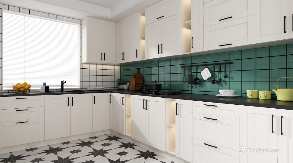 Modern Kitchen Interior With White Cabinets And Green Tile Backsplash 3d model 