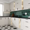 Modern Kitchen Interior With White Cabinets And Green Tile Backsplash 3d model