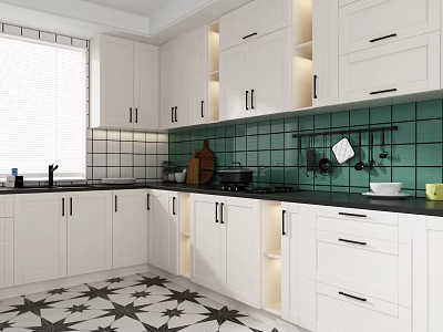 Modern Kitchen Interior With White Cabinets And Green Tile Backsplash 3d model
