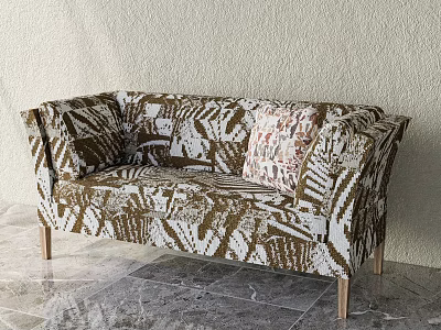 Three-Seater Sofa in Abstract Brown White Pattern with Light Wooden Legs and Decorative Textured Cushion 3d model