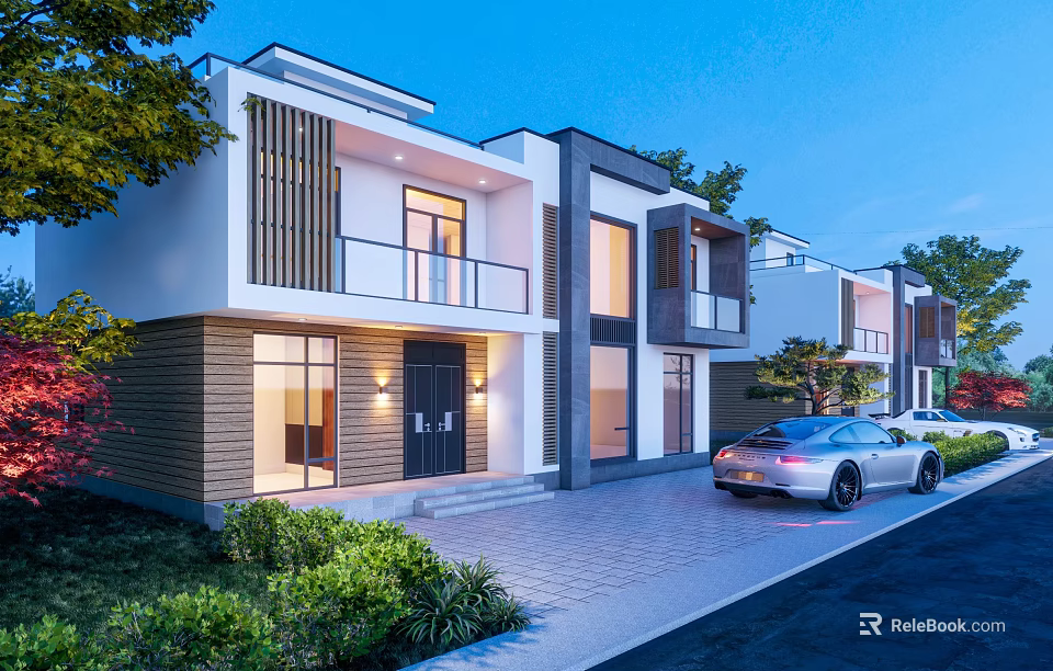 Modern Two Story Detached Villa Exterior With Illuminated Windows Landscaping And Car 3d model 