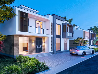 Modern Two Story Detached Villa Exterior With Illuminated Windows Landscaping And Car 3d model