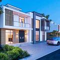 Modern Two Story Detached Villa Exterior With Illuminated Windows Landscaping And Car