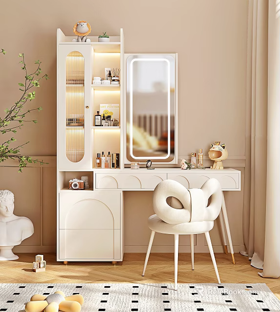 Modern Elegant Dressing Table With Mirror Unique Chair And Cosmetics On Shelves 3d model 