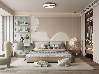 Modern Kids Room Interior With Bed Stuffed Toys Desk And Wave Shaped LED Wall Lights 3d model