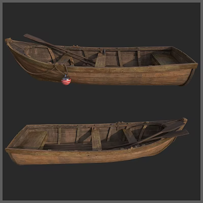 Two Vintage Wooden Boats With Oars And Traditional Wooden Structure Details 3d model