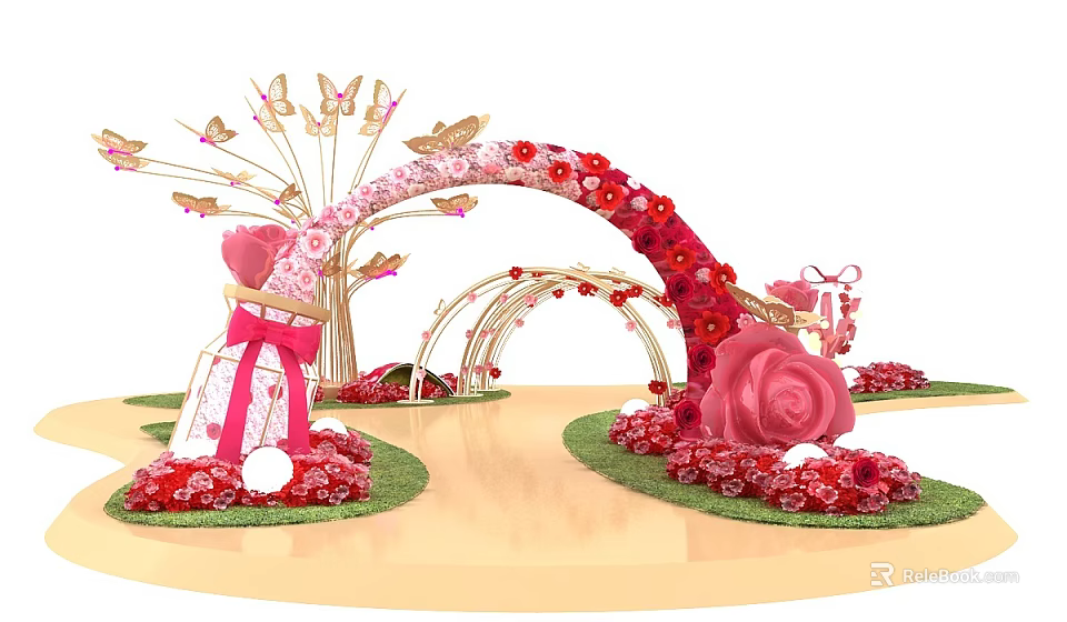 Romantic Photo Check-in Spot with Pink Red Flower Arch Butterflies Roses and Gift Boxes 3d model 