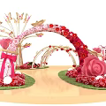 Romantic Photo Check-in Spot with Pink Red Flower Arch Butterflies Roses and Gift Boxes