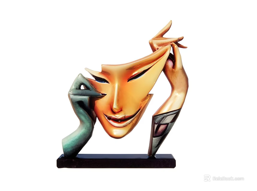Abstract Sculpture With Orange Mask Face Green Hands And Black Base 3d model 