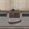 Natural Minimalist Interior With Wooden Coffee Table Grey Seats Bamboo Blinds Black Vase Woven Cushion