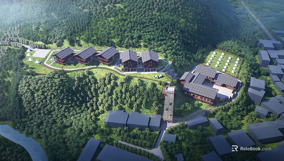Traditional Homestay Buildings Surrounded by Lush Forest and Scenic Natural Landscape 3d model 