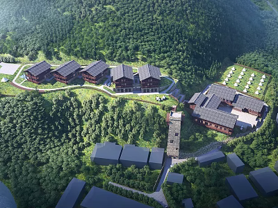 Traditional Homestay Buildings Surrounded by Lush Forest and Scenic Natural Landscape 3d model