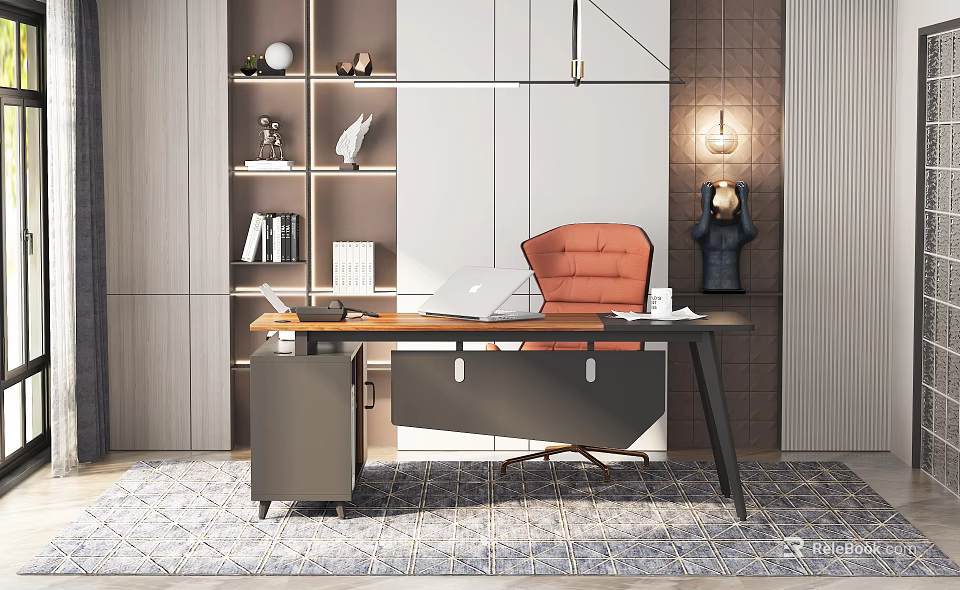 Modern Home Office Desk With Orange Chair Laptop And Bookshelf Decorations 3d model 