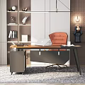 Modern Home Office Desk With Orange Chair Laptop And Bookshelf Decorations