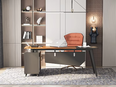 Modern Home Office Desk With Orange Chair Laptop And Bookshelf Decorations 3d model