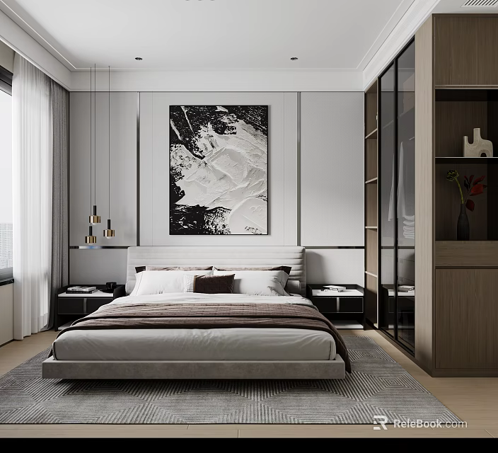 Modern Bedroom With Large Bed Black And White Abstract Painting Bedside Tables And Glass Wardrobe 3d model 