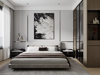 Modern Bedroom With Large Bed Black And White Abstract Painting Bedside Tables And Glass Wardrobe 3d model