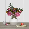 Transparent Glass Vase With Pink Red Flowers Green Leaves On Tabletop With Book And Pomegranate