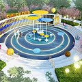 Children's Outdoor Playground with Colorful Ground Rotating Equipment Cartoon Astronaut Yellow Balloons and Green Trees