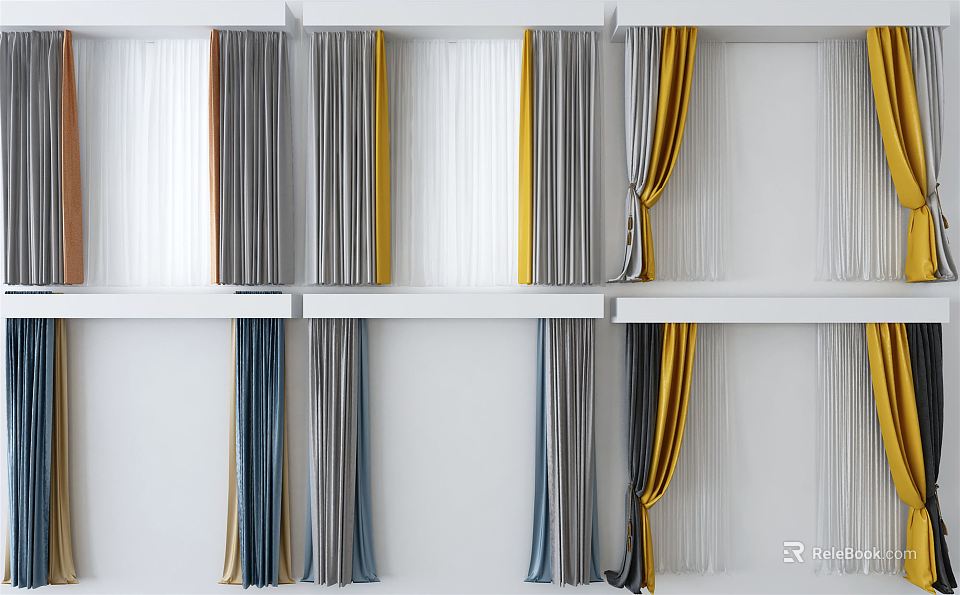 Various Colored Curtains With Sheer And Solid Panels In Gray Yellow Blue Displayed On White Shelves 3d model 
