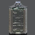Tall Modern Office Building With Glass Curtain Wall And Unique Roof Design