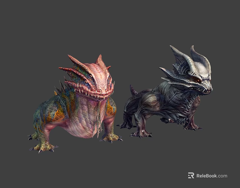 Vibrant Horned Creature and Dark Armored Beast in Fantasy World Design 3d model 