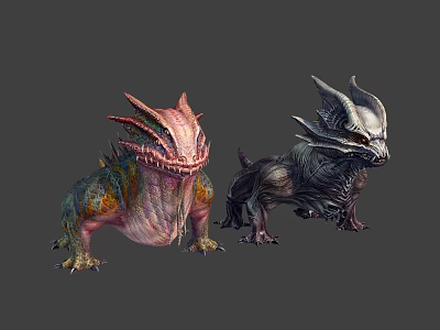 Vibrant Horned Creature and Dark Armored Beast in Fantasy World Design 3d model