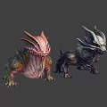 Vibrant Horned Creature and Dark Armored Beast in Fantasy World Design