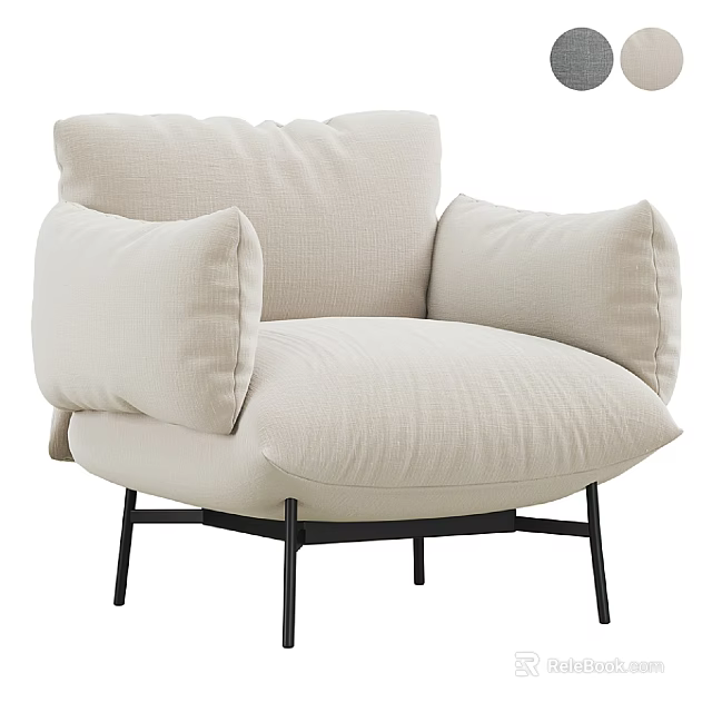 Beige Fabric Single Sofa with Large Cushions and Black Metal Legs Design 3d model 