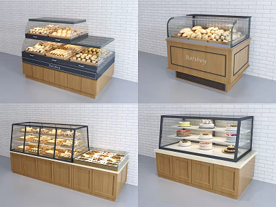 Bakery Display Shelves With Glass Doors And Wooden Cabinets For Displaying Baked Goods 3d model