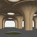 Garden Landscape Featuring Curved Wooden Arches Central Trees And Natural Light