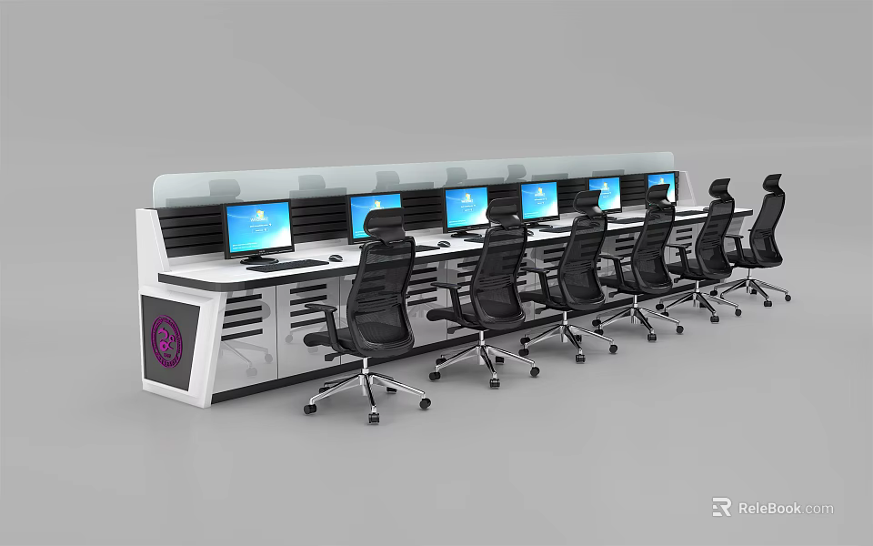 Modern Workstation Desk With Multiple Computer Monitors And Black Office Chairs 3d model 