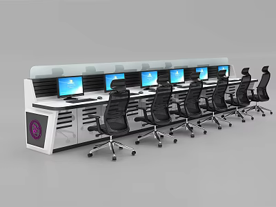 Modern Workstation Desk With Multiple Computer Monitors And Black Office Chairs 3d model